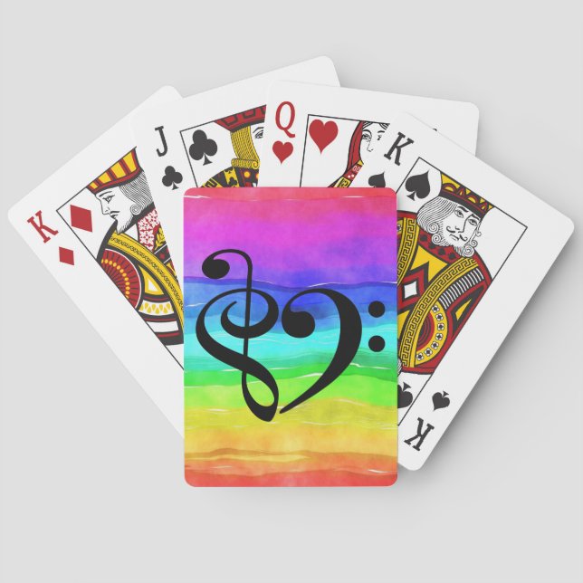 Treble Clef Bass Clef Heart Rainbow Watercolor Poker Cards (Back)