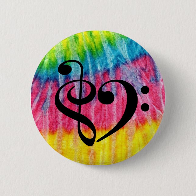Treble Clef Bass Clef Heart Retro Hippie Tie-Dye Button (Front)