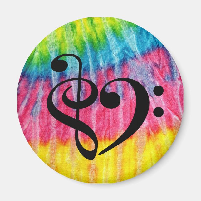 Treble Clef Bass Clef Heart Retro Hippie Tie-Dye Magnet (Front)