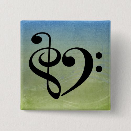 Treble Clef Bass Clef Heart Blue Green Vintage Sheet Music 2-inch Square Button