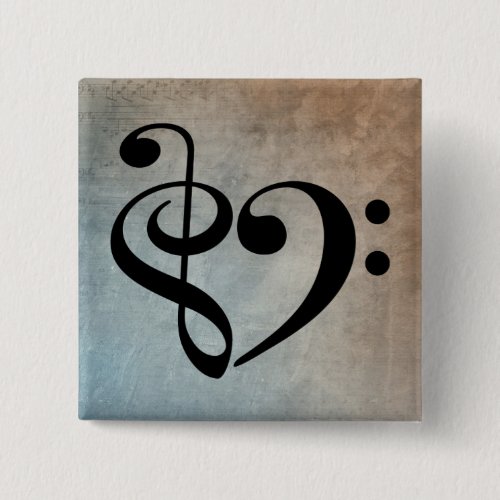Treble Clef Bass Clef Heart Vintage Blue Brown Sheet Music 2-inch Square Button
