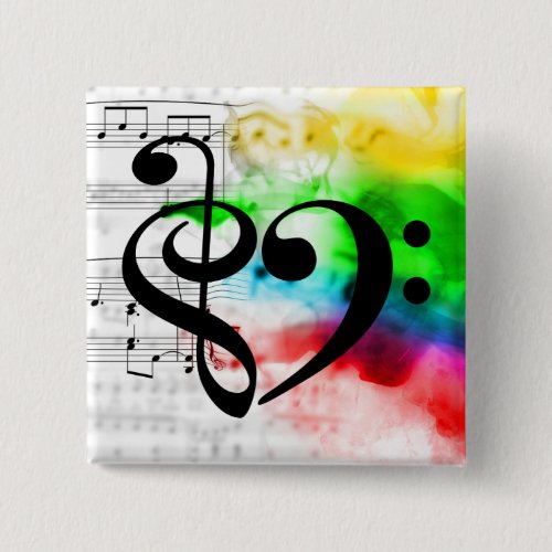 Treble Clef Bass Clef Heart Rainbow Watercolor Sheet Music 2-inch Square Button