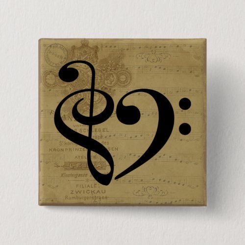 Treble Clef Bass Clef Heart Vintage Sheet Music 2-inch Square Button