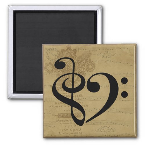 Treble Clef Bass Clef Heart Vintage Sheet Music 2-inch Square Magnet
