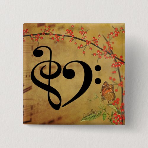 Treble Clef Bass Clef Musical Heart Sheet Music Butterfly 2-inch Square Button