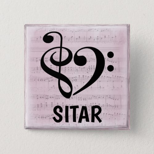 Treble Clef Bass Clef Musical Heart Sitar Music Lover 2-inch Square Button