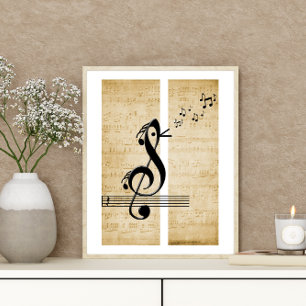 Treble Clef Bird Music Notes Vintage Sheet Music  Poster
