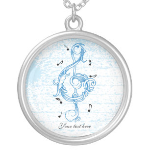 Treble clef blue scrollwork custom music silver plated necklace
