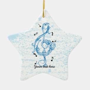 Treble clef blue scrollwork sol note key ceramic ornament
