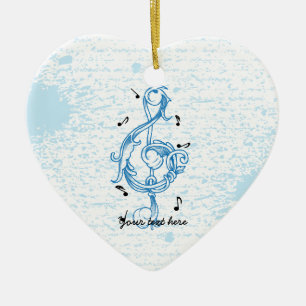 Treble clef blue scrollwork sol note key ceramic ornament