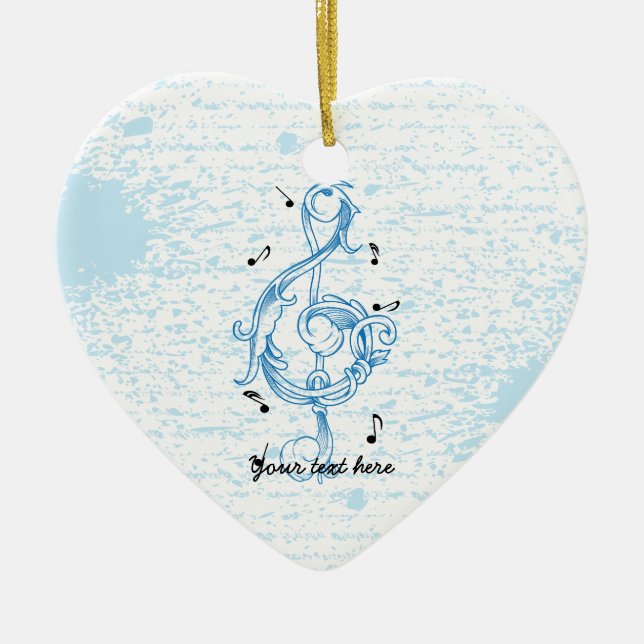 Treble clef blue scrollwork sol note key ceramic ornament (Front)