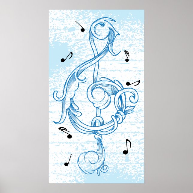 treble clef Blue scrollwork sol note key poster (Front)