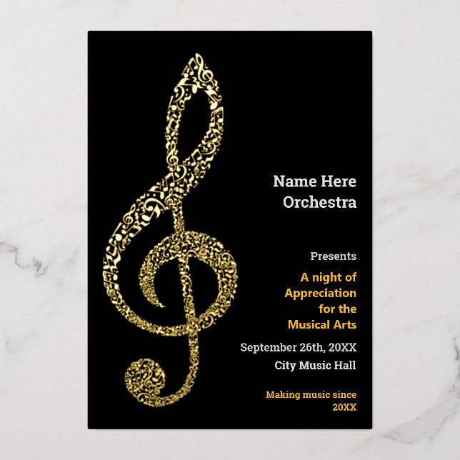 Treble clef Elegant Minimal Gold Music Notes Text Foil Invitation (Front)