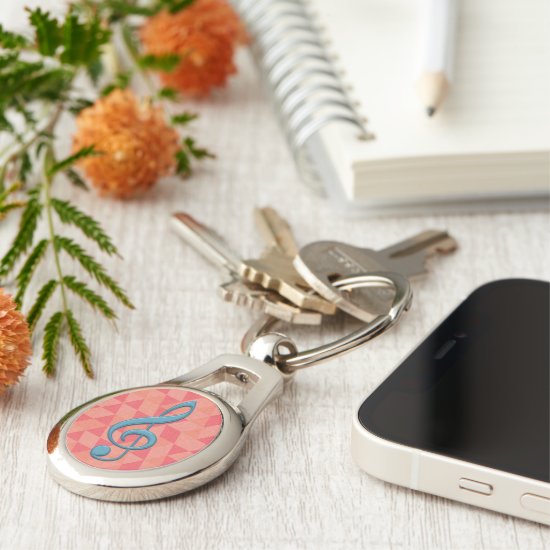 Treble Clef Geometric Triangles Teal and Pinks Keychain