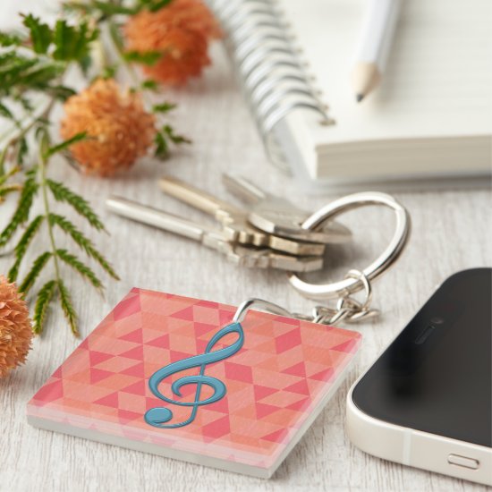 Treble Clef Geometric Triangles Teal and Pinks Keychain