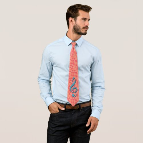 Treble Clef Geometric Triangles Teal and Pinks Tie