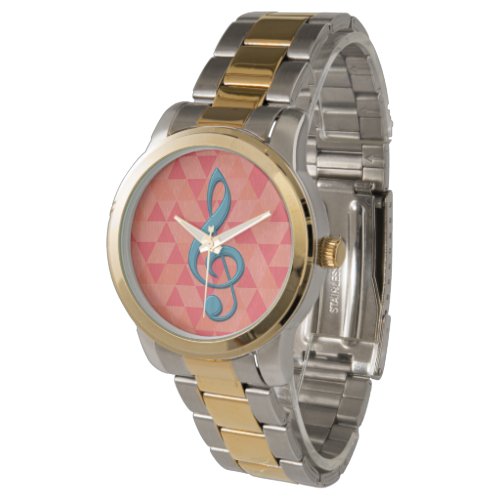 Treble Clef Geometric Triangles Teal and Pinks Watch