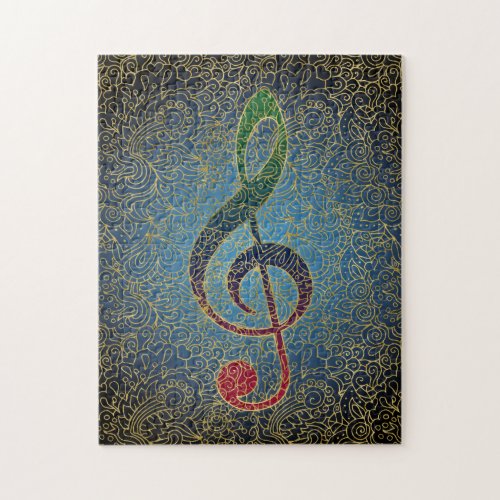 Treble Clef Gold Filigree _ Colorful Music Jigsaw Puzzle