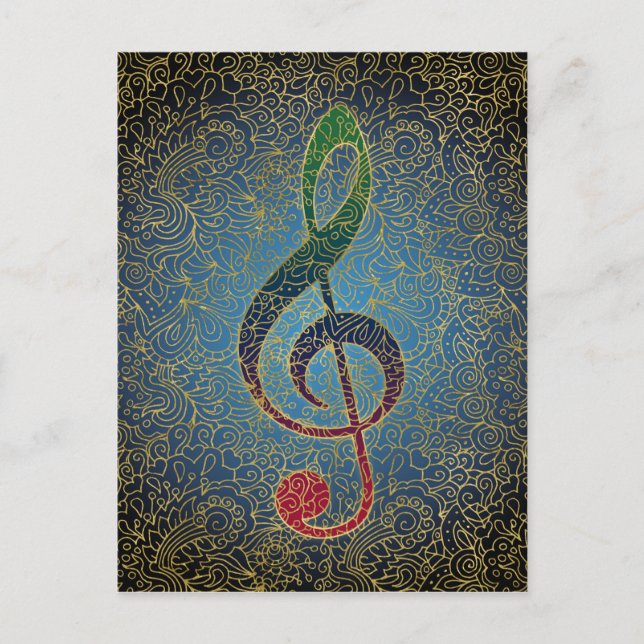 Treble Clef Gold Filigree - Colorful Music Postcard (Front)