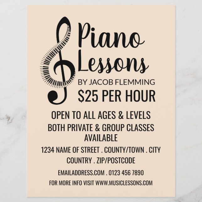 Treble Clef, Keyboard, Piano Lessons Advertising Flyer (Front)