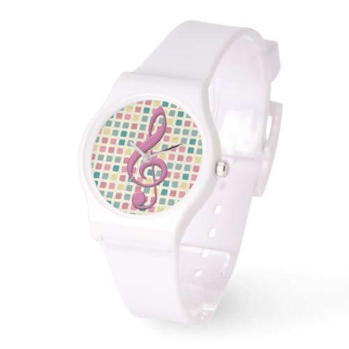 Treble Clef Mosaic Pattern Pink and Teal Watch