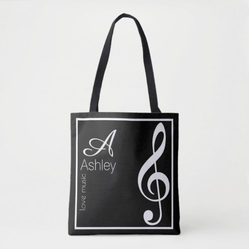 treble clef music black tote bag