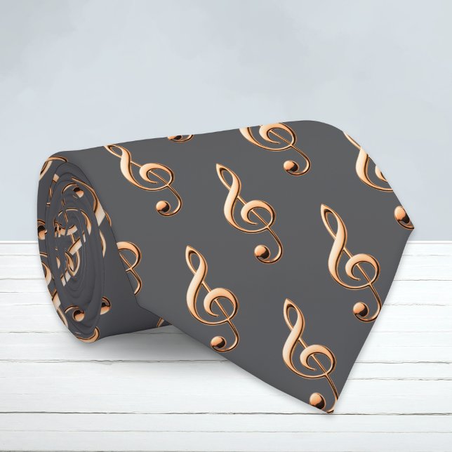 Treble Clef Music Lover's Gray Patterned Neck Tie (A stylish tie for music lovers, with faux gold treble clefs pattern on a dark charcoal background)