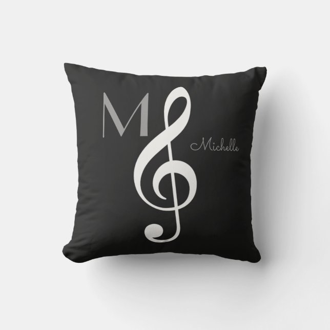 treble clef music note monogram black throw pillow (Front)
