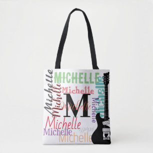 treble clef music note monogram with color names tote bag