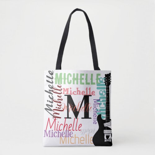 treble clef music note monogram with color names   tote bag