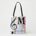 treble clef music note monogram with color names tote bag