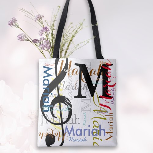 Treble Clef Music Note Monogram with Color Names Tote Bag