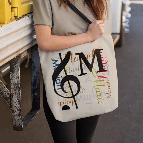 Treble clef music note monogram with color names tote bag