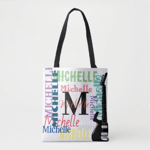 treble clef music note monogram with color names   tote bag
