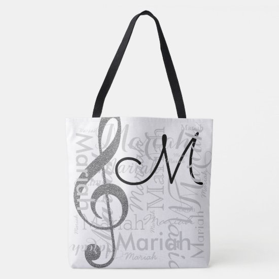 treble clef music note monogram with name white tote bag
