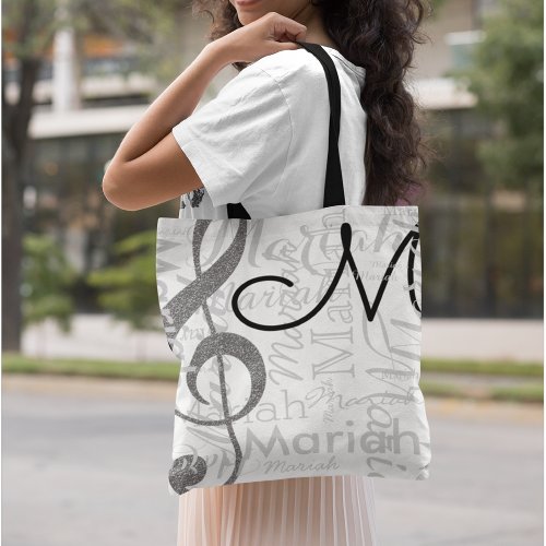Treble Clef Music Note Monogram with Name White Tote Bag