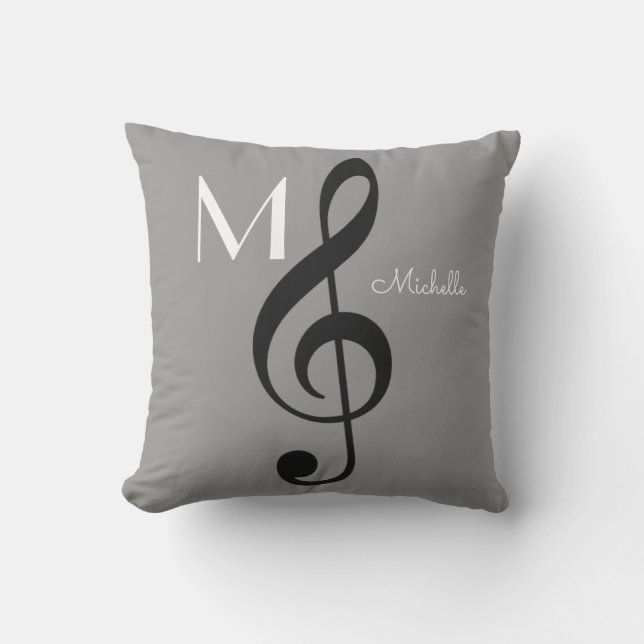 treble clef music note monogrammed gray throw pillow (Front)