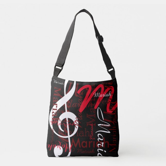 treble clef music note + red names on black crossbody bag (Front)