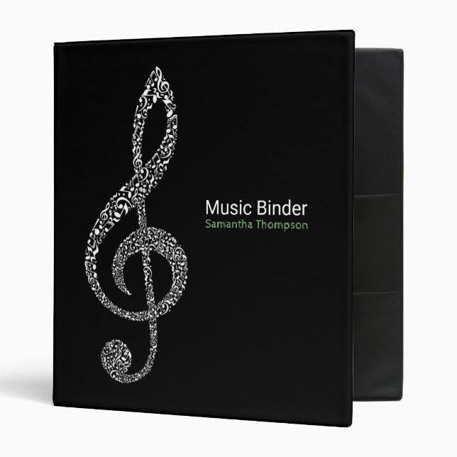 Treble Clef Music Notes Full Name Black and White  3 Ring Binder (Front/Inside)