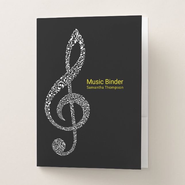 Treble Clef Music Notes Full Name Black and White Pocket Folder (Front)