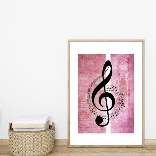Treble Clef Music Notes on Deep Pink Background Poster