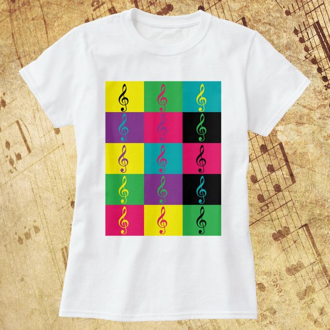 Treble Clef Music Pattern Bright Colorful T-Shirt (A tshirt with a pattern of colorful treble clefs.)