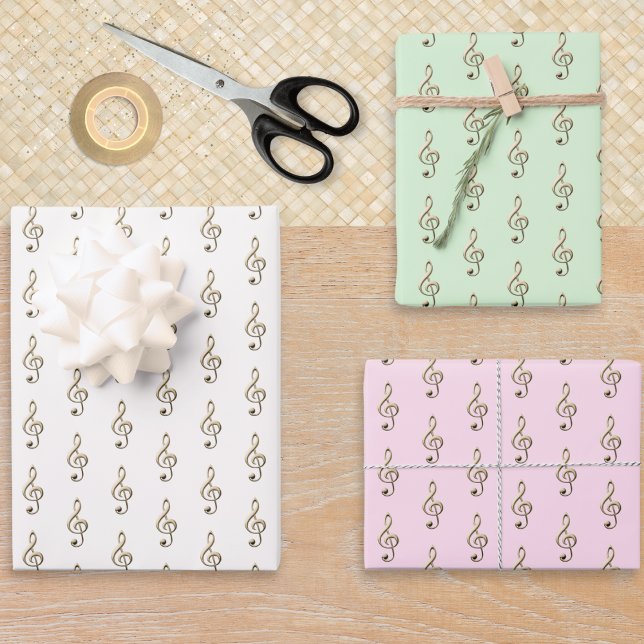 Treble Clef Music Themed Cream Green Pink Set of 3 Wrapping Paper Sheets (A set of 3 wrapping paper sheets, in pink, green and white, with faux gold treble clefs pattern)