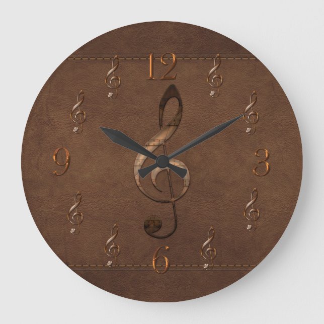 Treble Clef Music-themed Faux Leather Wall Clock (Front)