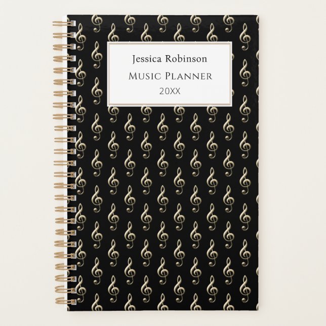 Treble Clef Music Themed Pattern Elegant Black Planner (Front)