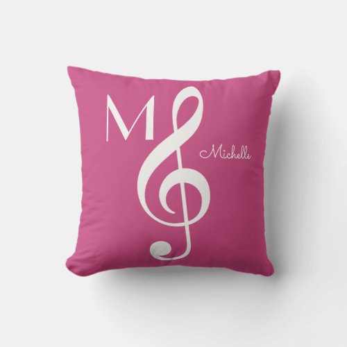 treble clef musical note monogrammed pink throw pillow