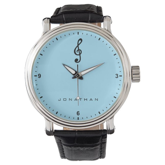 Treble Clef Musical Note Music Plain Blue Name  Watch (Front)