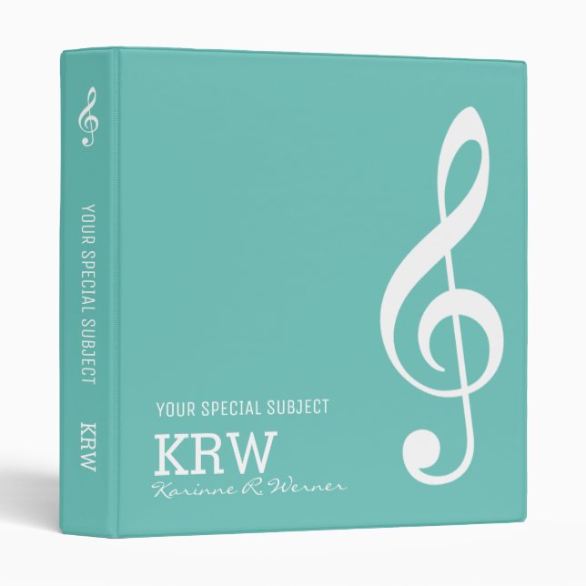 Treble Clef Musical Note on Teal Blue 3 Ring Binder (Front/Spine)