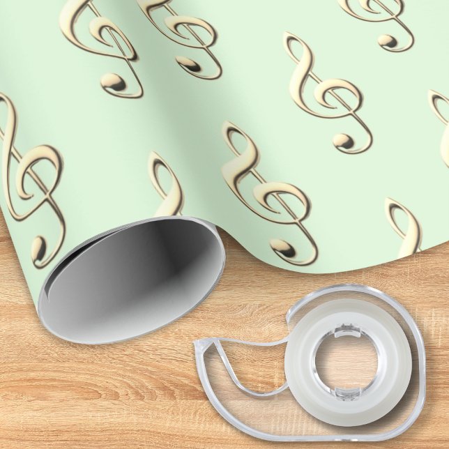 Treble Clef Musical Symbol Music Lover's Green Wrapping Paper (A music themed roll of gift wrapping paper, in light green with pattern of faux gold treble clefs)