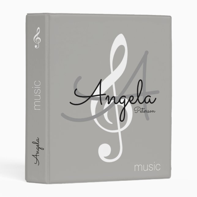 treble clef + musician name monogrammed on gray mini binder (Front/Spine)